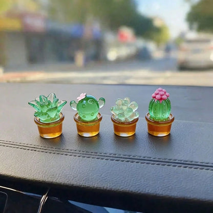 4pcs Miniature Transparent Green Potted Plants, Creative Desktop Decor, Car/Computer Screen Ornament