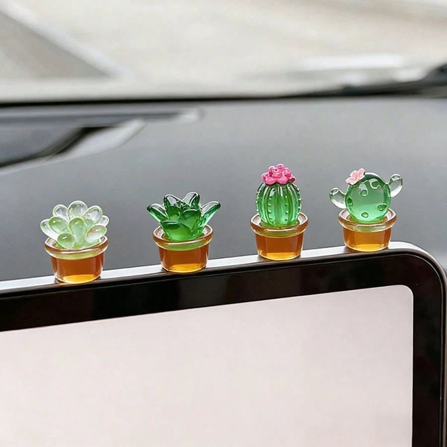 4pcs Miniature Transparent Green Potted Plants, Creative Desktop Decor, Car/Computer Screen Ornament