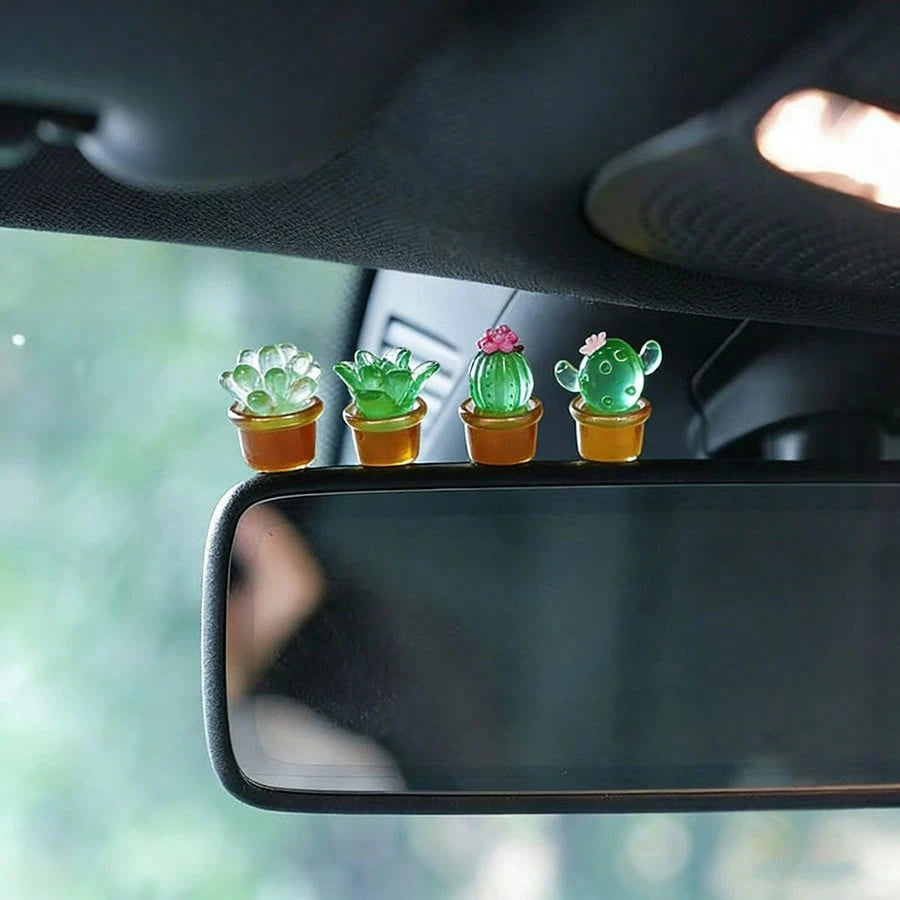 4pcs Miniature Transparent Green Potted Plants, Creative Desktop Decor, Car/Computer Screen Ornament