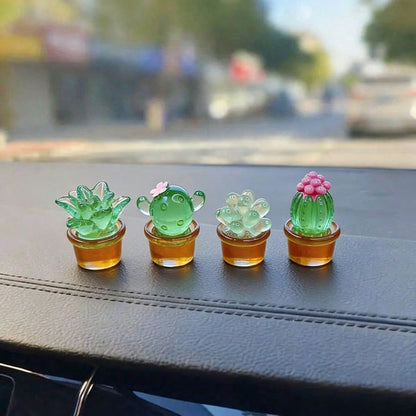 4pcs Miniature Transparent Green Potted Plants, Creative Desktop Decor, Car/Computer Screen Ornament