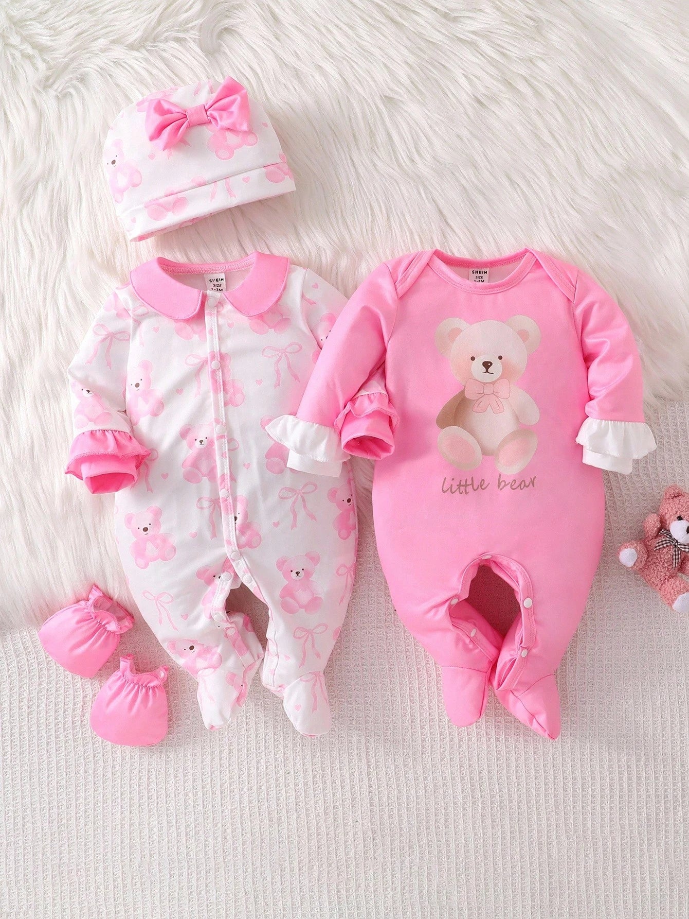 4pcs Newborn Baby Girl Clothes Set,White,Autumn,Cute,Family Matching Bear & Bow Decor Long Sleeve Footie Jumpsuit Romper With Hat & Gloves,Pink Outfit