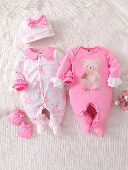 4pcs Newborn Baby Girl Clothes Set,White,Autumn,Cute,Family Matching Bear & Bow Decor Long Sleeve Footie Jumpsuit Romper With Hat & Gloves,Pink Outfit