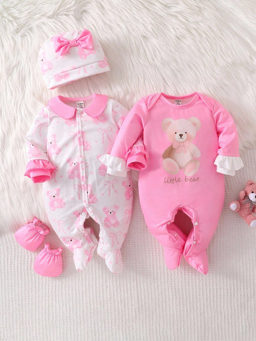 4pcs Newborn Baby Girl Clothes Set,White,Autumn,Cute,Family Matching Bear & Bow Decor Long Sleeve Footie Jumpsuit Romper With Hat & Gloves,Pink Outfit