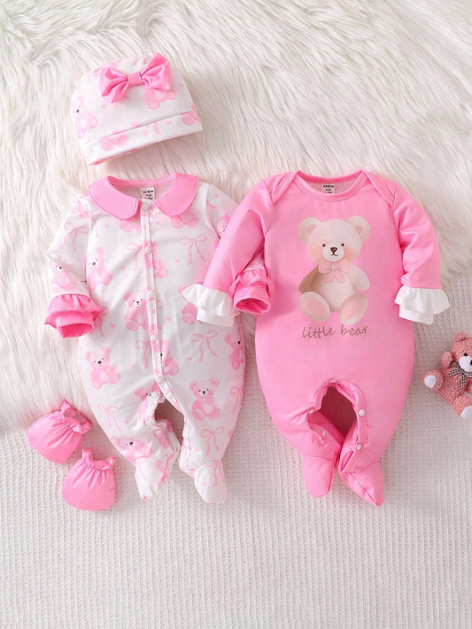 4pcs Newborn Baby Girl Clothes Set,White,Autumn,Cute,Family Matching Bear & Bow Decor Long Sleeve Footie Jumpsuit Romper With Hat & Gloves,Pink Outfit