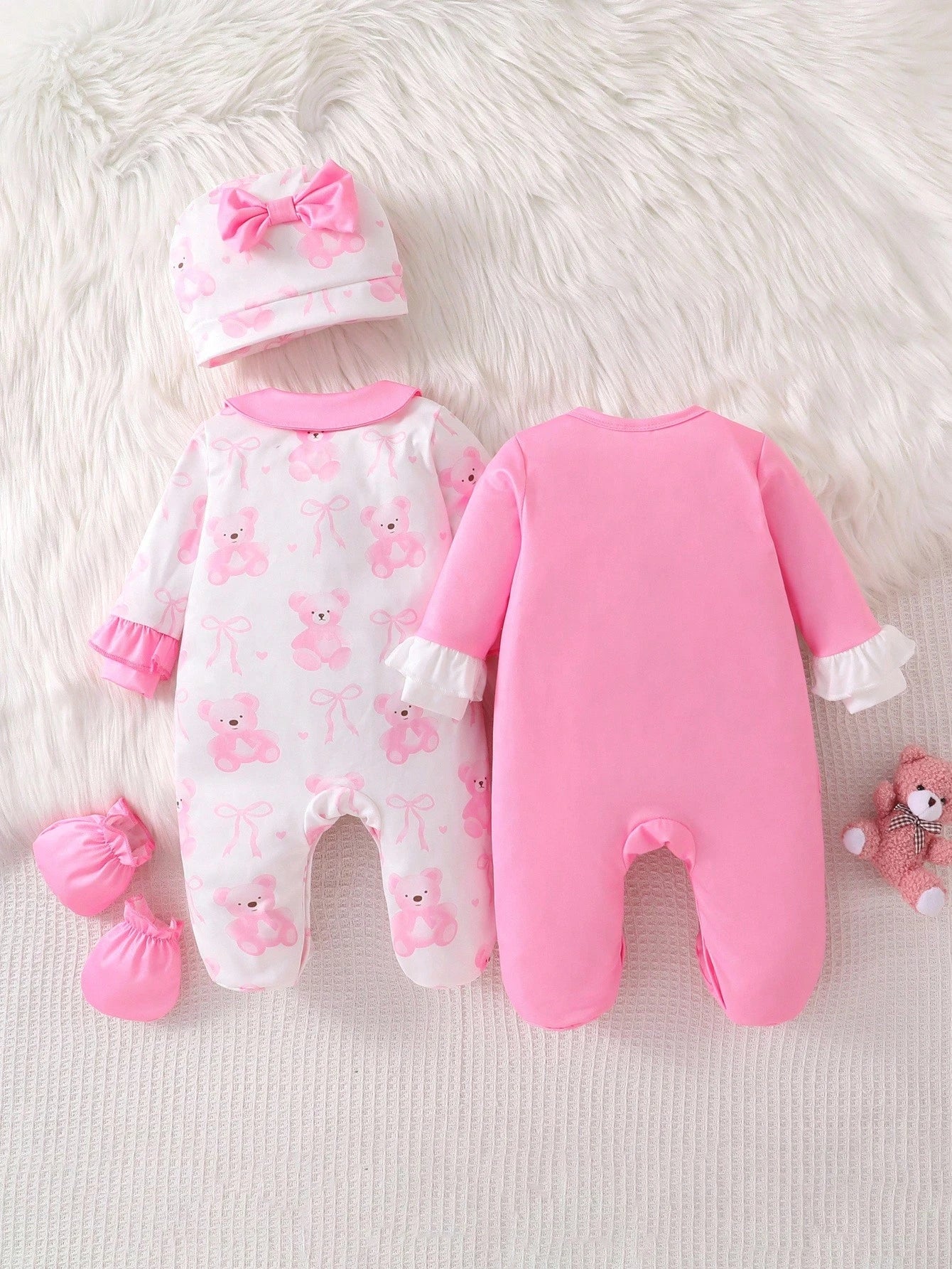 4pcs Newborn Baby Girl Clothes Set,White,Autumn,Cute,Family Matching Bear & Bow Decor Long Sleeve Footie Jumpsuit Romper With Hat & Gloves,Pink Outfit