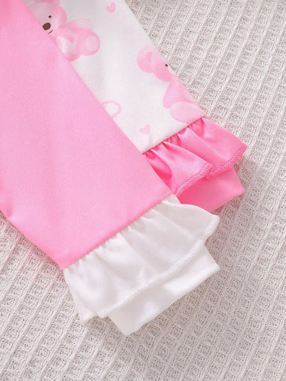 4pcs Newborn Baby Girl Clothes Set,White,Autumn,Cute,Family Matching Bear & Bow Decor Long Sleeve Footie Jumpsuit Romper With Hat & Gloves,Pink Outfit