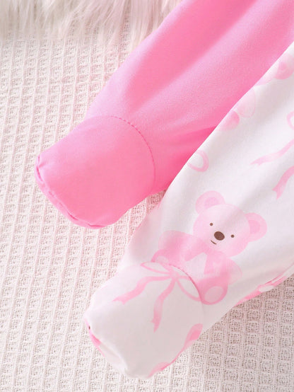 4pcs Newborn Baby Girl Clothes Set,White,Autumn,Cute,Family Matching Bear & Bow Decor Long Sleeve Footie Jumpsuit Romper With Hat & Gloves,Pink Outfit