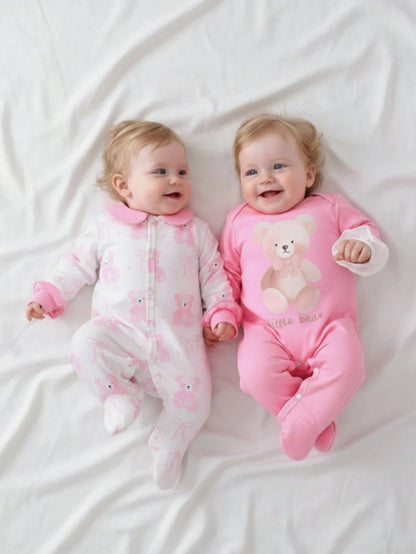 4pcs Newborn Baby Girl Clothes Set,White,Autumn,Cute,Family Matching Bear & Bow Decor Long Sleeve Footie Jumpsuit Romper With Hat & Gloves,Pink Outfit