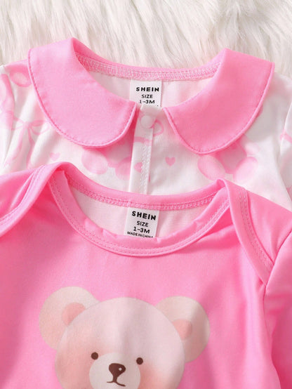 4pcs Newborn Baby Girl Clothes Set,White,Autumn,Cute,Family Matching Bear & Bow Decor Long Sleeve Footie Jumpsuit Romper With Hat & Gloves,Pink Outfit