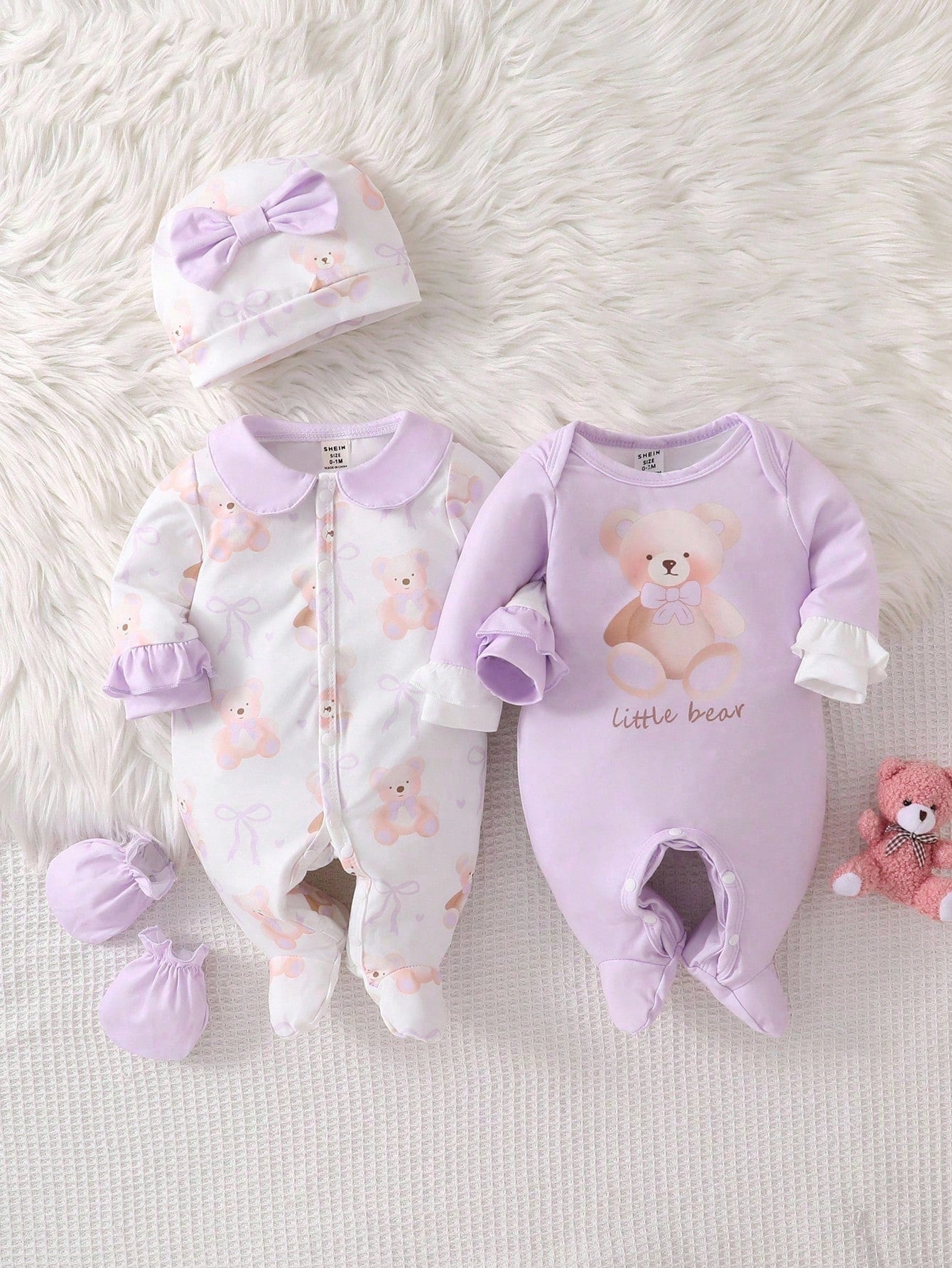 4pcs Newborn Baby Girl Clothes Set,White,Autumn,Cute,Family Matching Bear & Bow Decor Long Sleeve Footie Jumpsuit Romper With Hat & Gloves,Pink Outfit