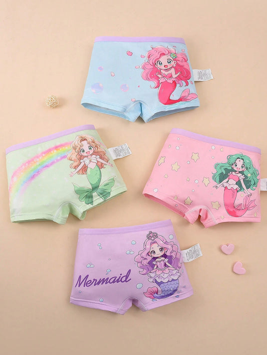 4pcs/Pack Girls' Cute Mermaid Pattern Contrast Color Comfortable Briefs, Suitable For Toddlers & Little Young Girl