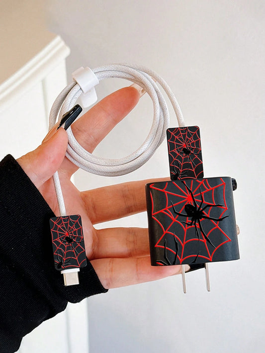 4pcs Red Spider Web Pattern Phone Charging Accessory Set, Including 1 Charging Head Protector Case + 1 White Data Cable Strap + 2 Data Cable Protector Cases, Compatible With IPhone 11/12/13/14/15/16/1