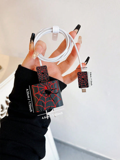 4pcs Red Spider Web Pattern Phone Charging Accessory Set, Including 1 Charging Head Protector Case + 1 White Data Cable Strap + 2 Data Cable Protector Cases, Compatible With IPhone 11/12/13/14/15/16/1
