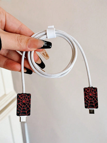 4pcs Red Spider Web Pattern Phone Charging Accessory Set, Including 1 Charging Head Protector Case + 1 White Data Cable Strap + 2 Data Cable Protector Cases, Compatible With IPhone 11/12/13/14/15/16/1