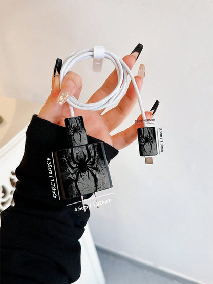 4pcs Red Spider Web Pattern Phone Charging Accessory Set, Including 1 Charging Head Protector Case + 1 White Data Cable Strap + 2 Data Cable Protector Cases, Compatible With IPhone 11/12/13/14/15/16/1