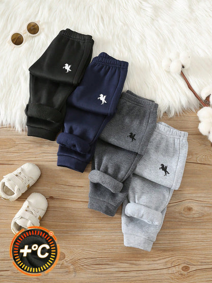 4pcs/Set Baby Boy Autumn/Winter Fleece Lined Cute Casual Versatile Minimalist Print Pattern Long Pants All-Match Pants Multi-Piece Set Kids Sweatpants Boy Joggers