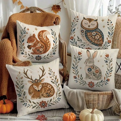 4pcs Vintage Folk Floral Wreath Forest Animals Deer Rabbit Squirrel Owl Print Cushion Covers [Pillow Insert Not Included], 40*40cm/45*45cm/50*50cm, [Single-Sided Print] Made Of Polyester Material Wate