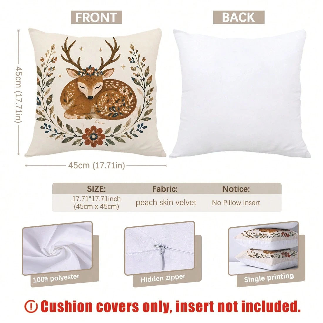 4pcs Vintage Folk Floral Wreath Forest Animals Deer Rabbit Squirrel Owl Print Cushion Covers [Pillow Insert Not Included], 40*40cm/45*45cm/50*50cm, [Single-Sided Print] Made Of Polyester Material Wate