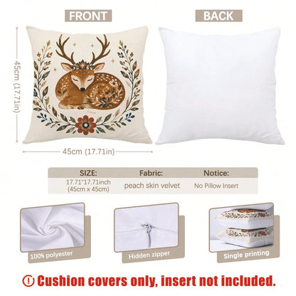 4pcs Vintage Folk Floral Wreath Forest Animals Deer Rabbit Squirrel Owl Print Cushion Covers [Pillow Insert Not Included], 40*40cm/45*45cm/50*50cm, [Single-Sided Print] Made Of Polyester Material Wate