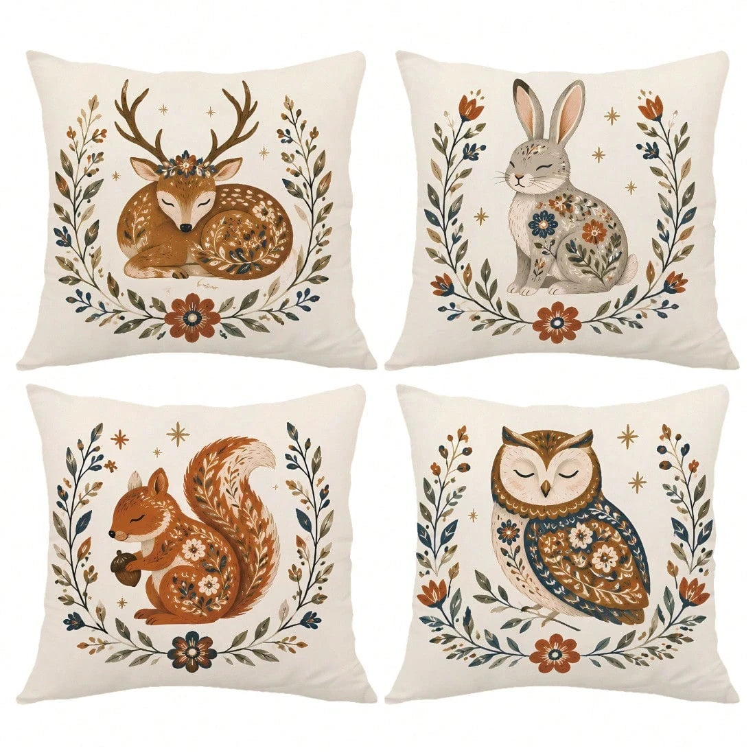 4pcs Vintage Folk Floral Wreath Forest Animals Deer Rabbit Squirrel Owl Print Cushion Covers [Pillow Insert Not Included], 40*40cm/45*45cm/50*50cm, [Single-Sided Print] Made Of Polyester Material Wate