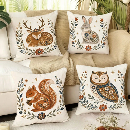 4pcs Vintage Folk Floral Wreath Forest Animals Deer Rabbit Squirrel Owl Print Cushion Covers [Pillow Insert Not Included], 40*40cm/45*45cm/50*50cm, [Single-Sided Print] Made Of Polyester Material Wate