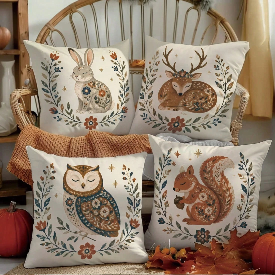 4pcs Vintage Folk Floral Wreath Forest Animals Deer Rabbit Squirrel Owl Print Cushion Covers [Pillow Insert Not Included], 40*40cm/45*45cm/50*50cm, [Single-Sided Print] Made Of Polyester Material Wate