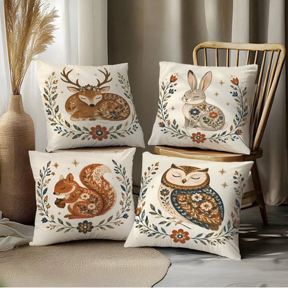 4pcs Vintage Folk Floral Wreath Forest Animals Deer Rabbit Squirrel Owl Print Cushion Covers [Pillow Insert Not Included], 40*40cm/45*45cm/50*50cm, [Single-Sided Print] Made Of Polyester Material Wate