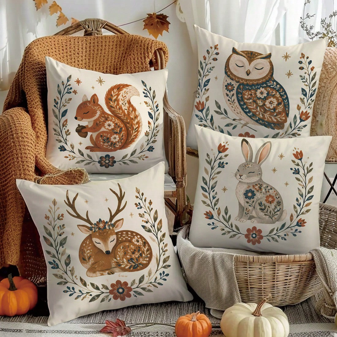 4pcs Vintage Folk Floral Wreath Forest Animals Deer Rabbit Squirrel Owl Print Cushion Covers [Pillow Insert Not Included], 40*40cm/45*45cm/50*50cm, [Single-Sided Print] Made Of Polyester Material Wate