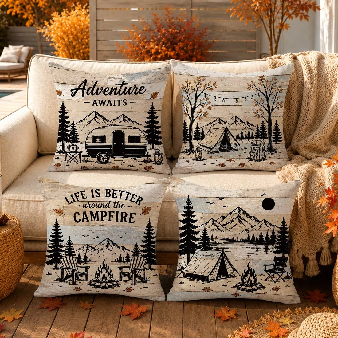 4pcs Vintage Wood Grain Autumn Camping Theme Cushion Covers, Single-Sided Printed Peach Skin Polyester Fabric, 45*45CM/18*18inch Pillowcases Suitable For Room Decoration, Modern Minimalist Sofa Living