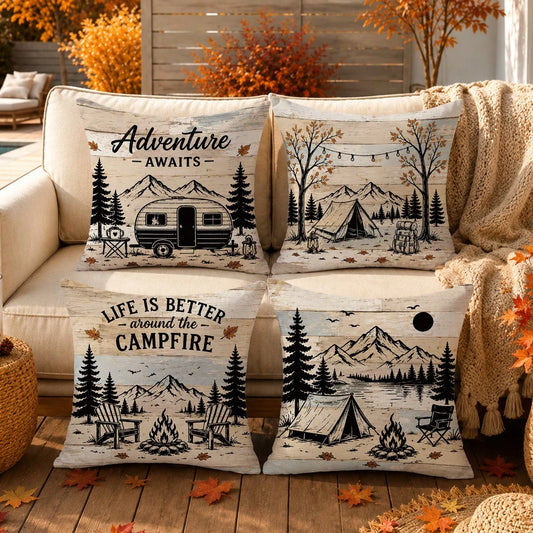 4pcs Vintage Wood Grain Autumn Camping Theme Cushion Covers, Single-Sided Printed Peach Skin Polyester Fabric, 45*45CM/18*18inch Pillowcases Suitable For Room Decoration, Modern Minimalist Sofa Living