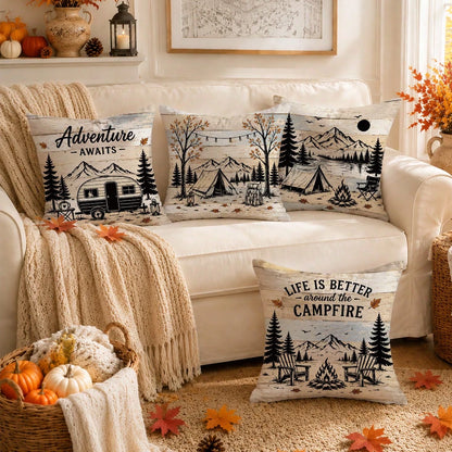 4pcs Vintage Wood Grain Autumn Camping Theme Cushion Covers, Single-Sided Printed Peach Skin Polyester Fabric, 45*45CM/18*18inch Pillowcases Suitable For Room Decoration, Modern Minimalist Sofa Living