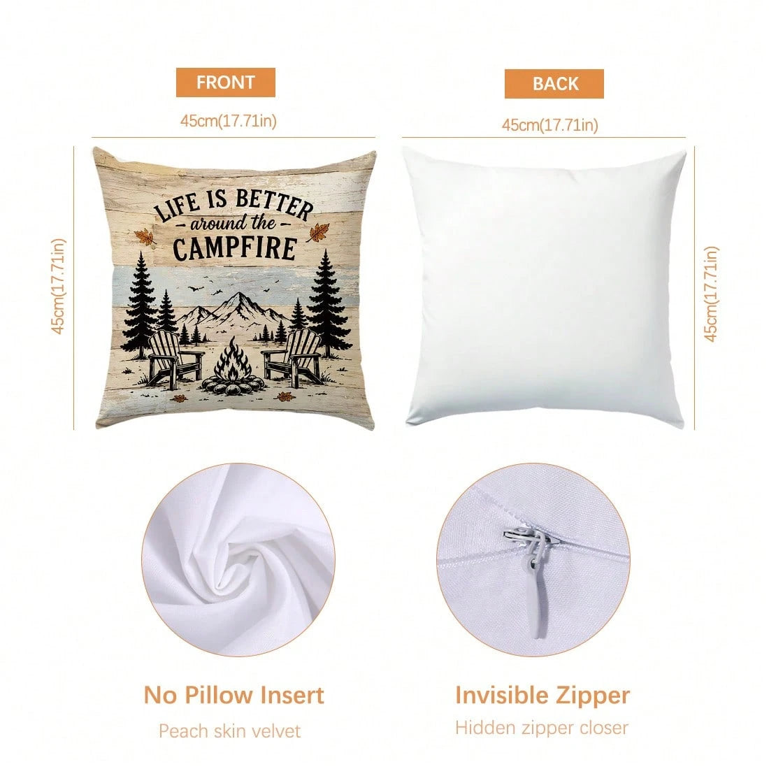 4pcs Vintage Wood Grain Autumn Camping Theme Cushion Covers, Single-Sided Printed Peach Skin Polyester Fabric, 45*45CM/18*18inch Pillowcases Suitable For Room Decoration, Modern Minimalist Sofa Living