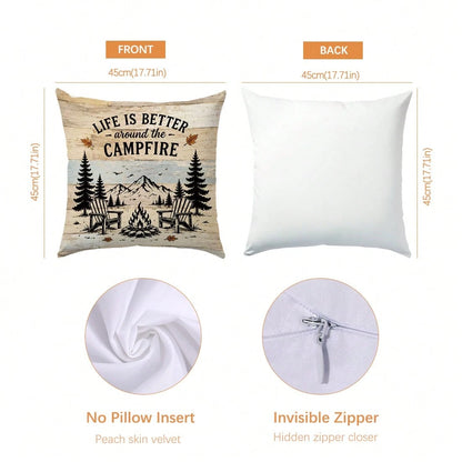 4pcs Vintage Wood Grain Autumn Camping Theme Cushion Covers, Single-Sided Printed Peach Skin Polyester Fabric, 45*45CM/18*18inch Pillowcases Suitable For Room Decoration, Modern Minimalist Sofa Living