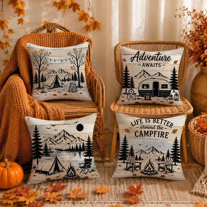 4pcs Vintage Wood Grain Autumn Camping Theme Cushion Covers, Single-Sided Printed Peach Skin Polyester Fabric, 45*45CM/18*18inch Pillowcases Suitable For Room Decoration, Modern Minimalist Sofa Living