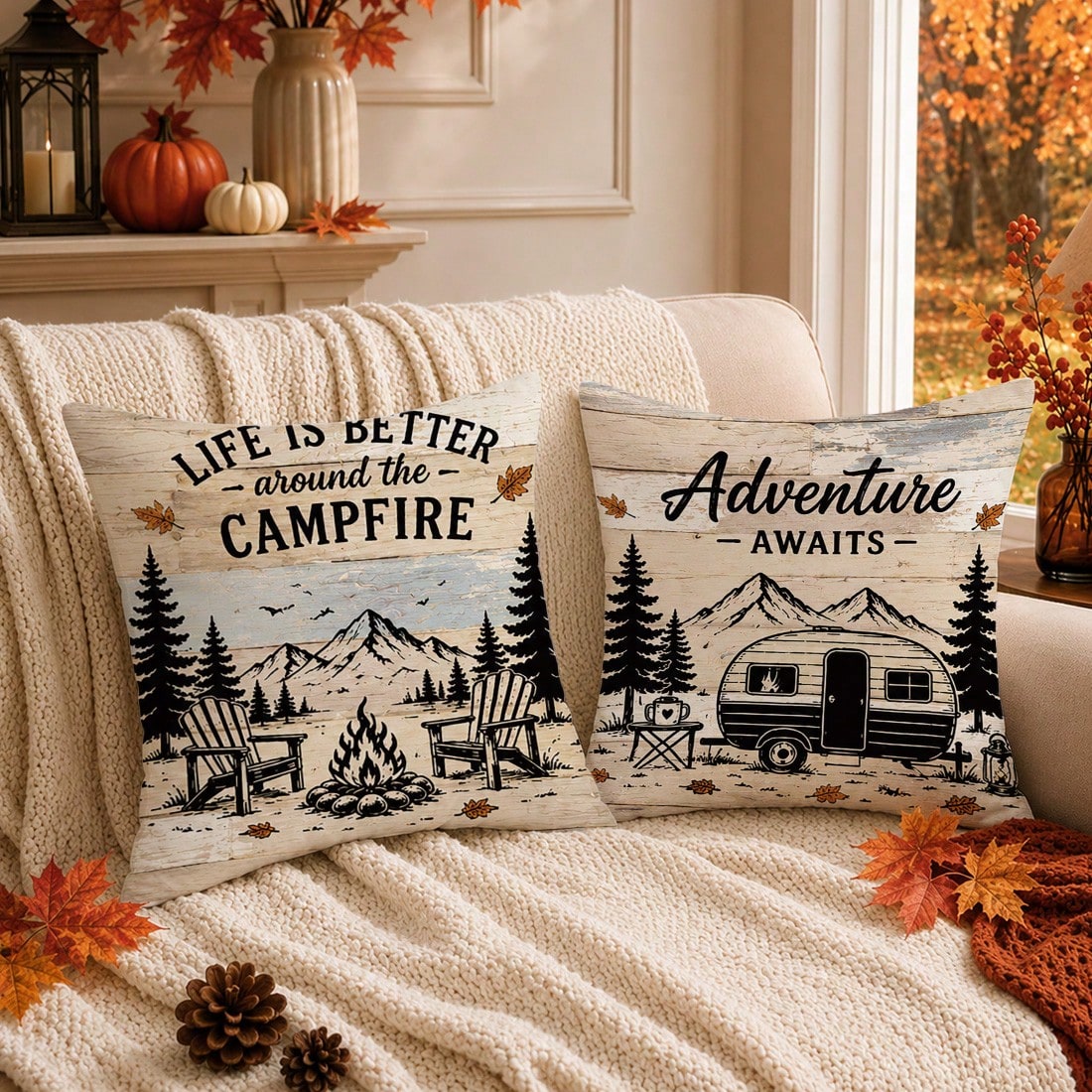 4pcs Vintage Wood Grain Autumn Camping Theme Cushion Covers, Single-Sided Printed Peach Skin Polyester Fabric, 45*45CM/18*18inch Pillowcases Suitable For Room Decoration, Modern Minimalist Sofa Living