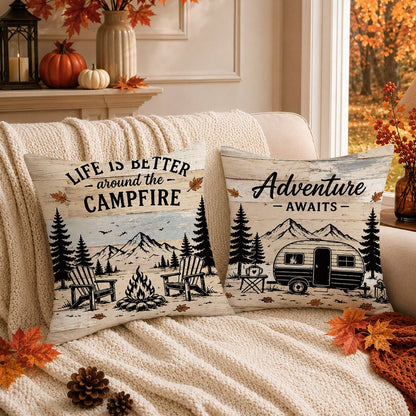 4pcs Vintage Wood Grain Autumn Camping Theme Cushion Covers, Single-Sided Printed Peach Skin Polyester Fabric, 45*45CM/18*18inch Pillowcases Suitable For Room Decoration, Modern Minimalist Sofa Living