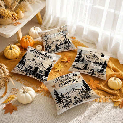 4pcs Vintage Wood Grain Autumn Camping Theme Cushion Covers, Single-Sided Printed Peach Skin Polyester Fabric, 45*45CM/18*18inch Pillowcases Suitable For Room Decoration, Modern Minimalist Sofa Living