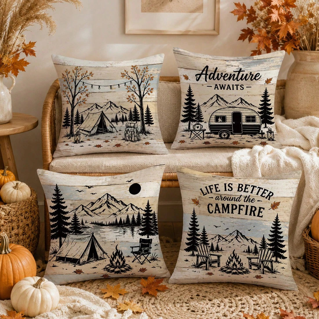 4pcs Vintage Wood Grain Autumn Camping Theme Cushion Covers, Single-Sided Printed Peach Skin Polyester Fabric, 45*45CM/18*18inch Pillowcases Suitable For Room Decoration, Modern Minimalist Sofa Living