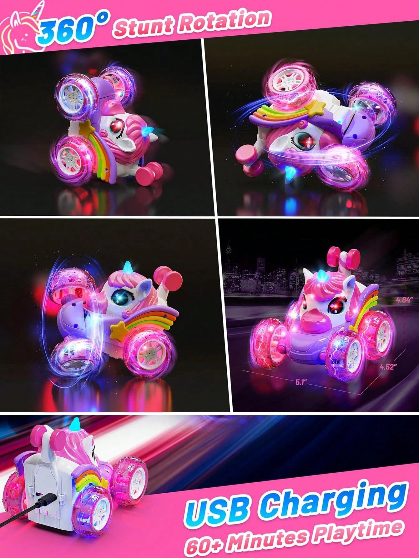 4WD 360° Stunt Remote Control Car With LED Lights, 2.4GHz Electric Toy Car, Gift For Girls Aged 3-6