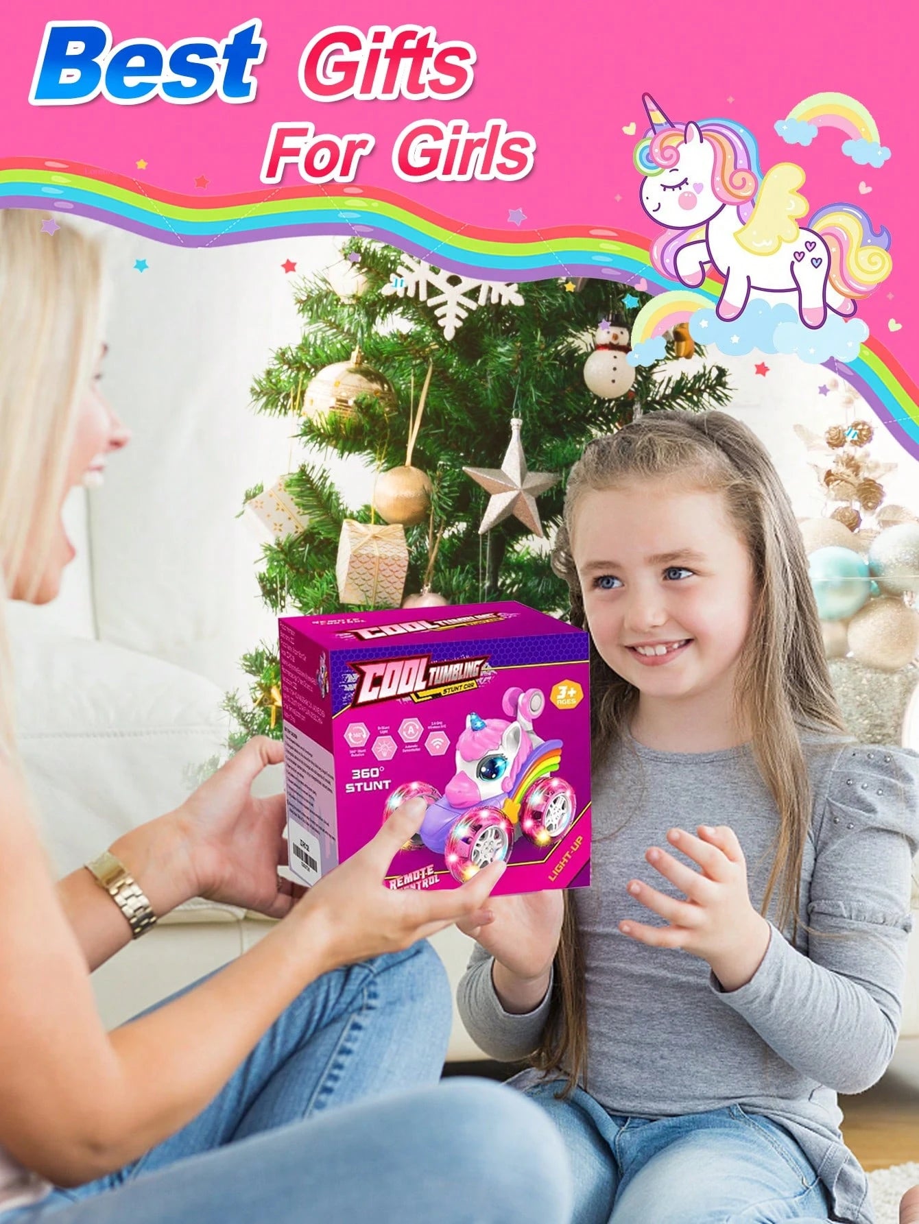 4WD 360° Stunt Remote Control Car With LED Lights, 2.4GHz Electric Toy Car, Gift For Girls Aged 3-6