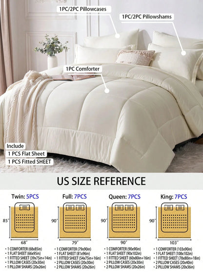 5/7-Piece Solid Colour Checkered Bed Comforter Sets Queen- Soft Microfiber, Lightweight, All-Season, Twin/Full/Queen/King Size Bed In A Bag, Quilt Set With Breathable Fabric And Easy Care,Summer Bedd