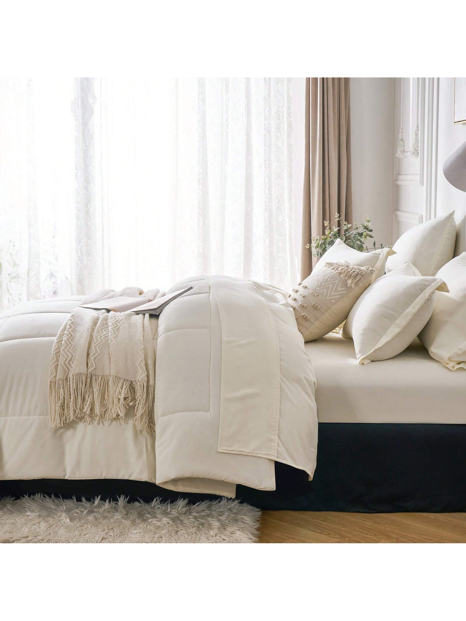 5/7-Piece Solid Colour Checkered Bed Comforter Sets Queen- Soft Microfiber, Lightweight, All-Season, Twin/Full/Queen/King Size Bed In A Bag, Quilt Set With Breathable Fabric And Easy Care,Summer Bedd