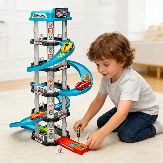 5-Layer 3D Parking Garage Track Set, Includes 2 Race Cars, Launcher, Curved Drift Zone And Helicopter Landing Pad, DIY Assembly Educational Toy, Suitable For Parent-Child Interaction And Hand-Eye Coor