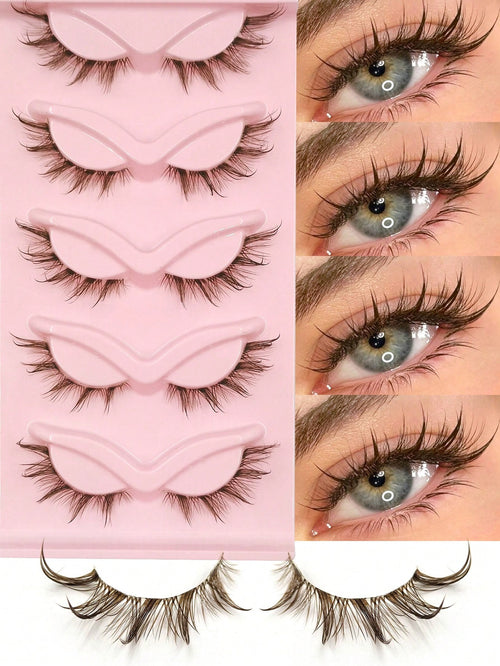 5 Pairs Brown Wet Look Cat Eye False Eyelashes, Transparent Band Fox Eye Lashes, Brown Faux Mink Cross Fluffy Striped Natural Spiky Lash Extensions For Makeup