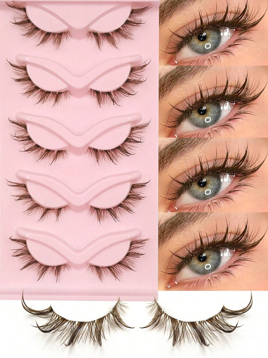 5 Pairs Brown Wet Look Cat Eye False Eyelashes, Transparent Band Fox Eye Lashes, Brown Faux Mink Cross Fluffy Striped Natural Spiky Lash Extensions For Makeup