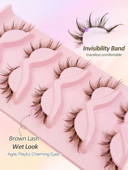 5 Pairs Brown Wet Look Cat Eye False Eyelashes, Transparent Band Fox Eye Lashes, Brown Faux Mink Cross Fluffy Striped Natural Spiky Lash Extensions For Makeup