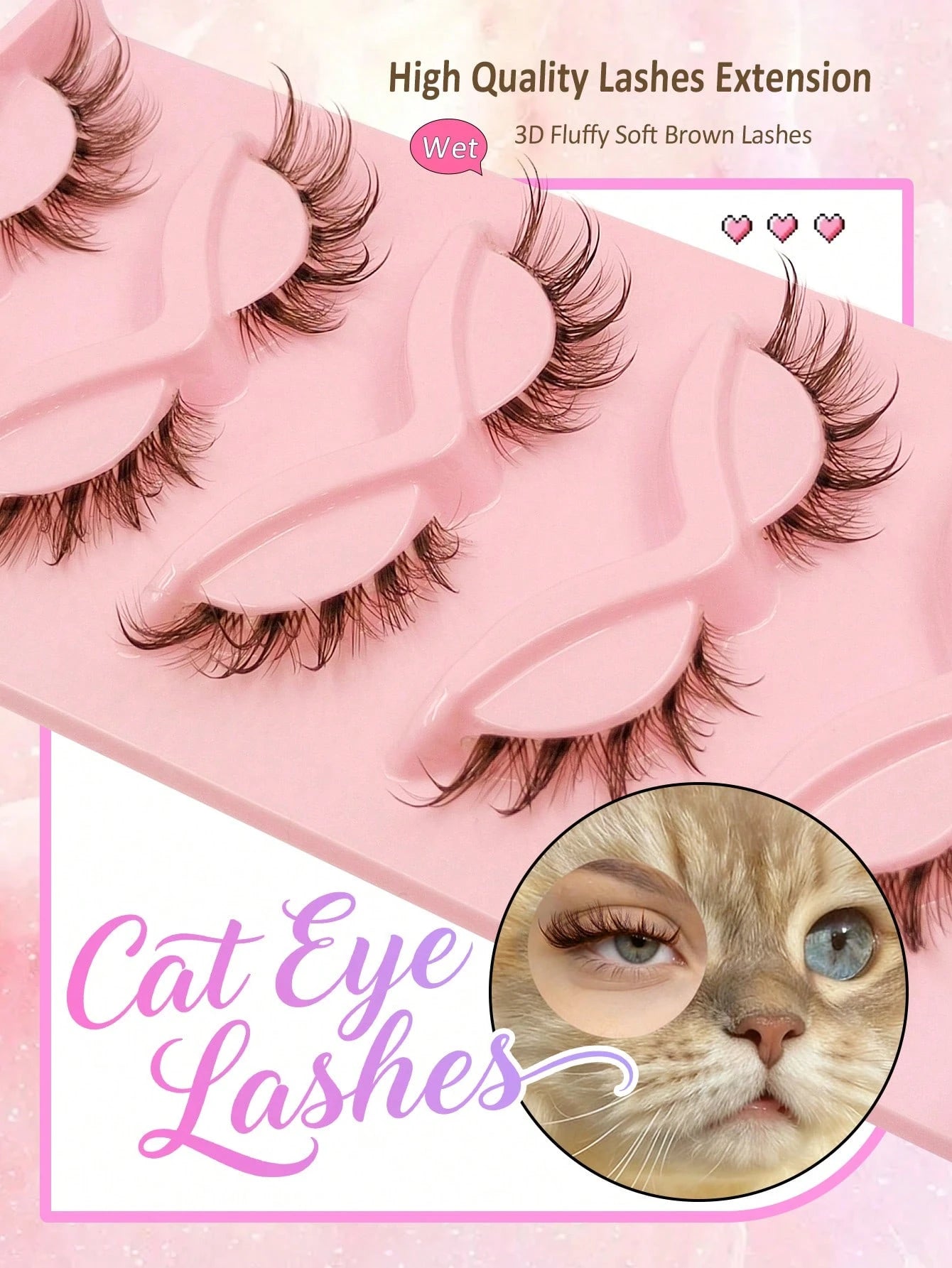 5 Pairs Brown Wet Look Cat Eye False Eyelashes, Transparent Band Fox Eye Lashes, Brown Faux Mink Cross Fluffy Striped Natural Spiky Lash Extensions For Makeup