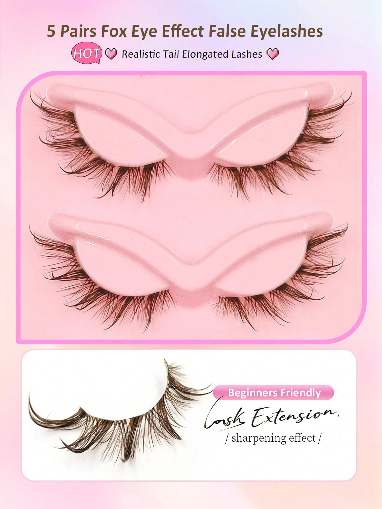 5 Pairs Brown Wet Look Cat Eye False Eyelashes, Transparent Band Fox Eye Lashes, Brown Faux Mink Cross Fluffy Striped Natural Spiky Lash Extensions For Makeup
