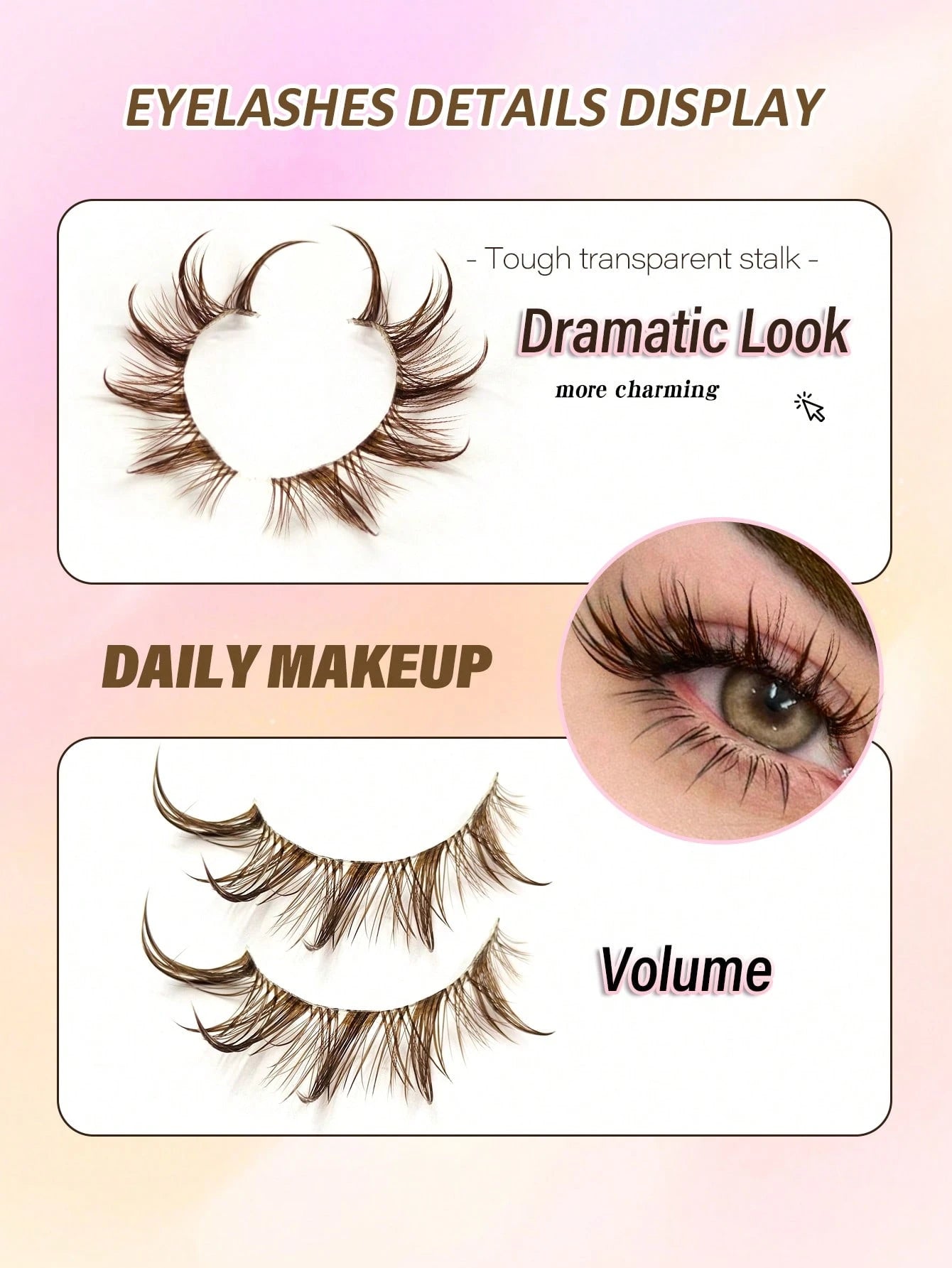 5 Pairs Brown Wet Look Cat Eye False Eyelashes, Transparent Band Fox Eye Lashes, Brown Faux Mink Cross Fluffy Striped Natural Spiky Lash Extensions For Makeup