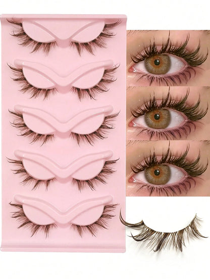 5 Pairs Brown Wet Look Cat Eye False Eyelashes, Transparent Band Fox Eye Lashes, Brown Faux Mink Cross Fluffy Striped Natural Spiky Lash Extensions For Makeup